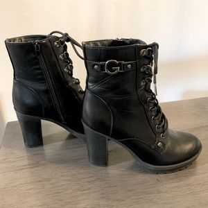 Guess heeled black combat boots, size 8